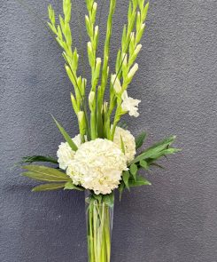 gladiolus and hydrangea vase